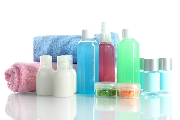 Hotel cosmetics kit isolated on white