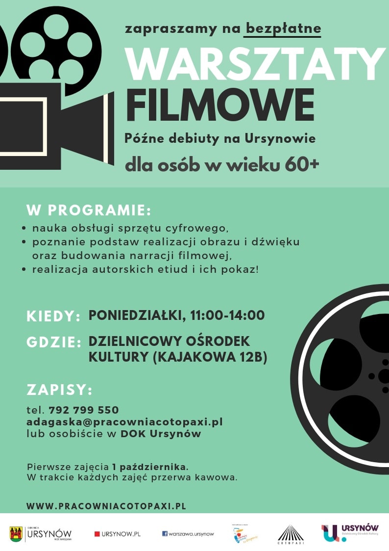 Bezpłatne warsztaty filmowe dla seniorów - plakat informacyjny